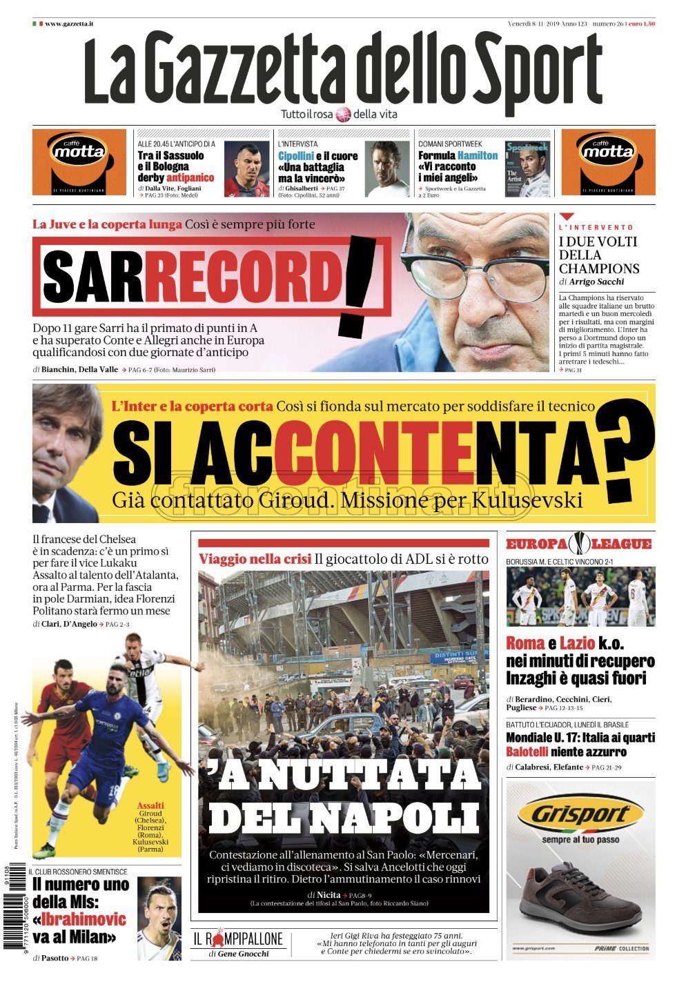 Quotidiani: la prima pagina di Stadio, Gazzetta, Corriere dello Sport, Tuttosport