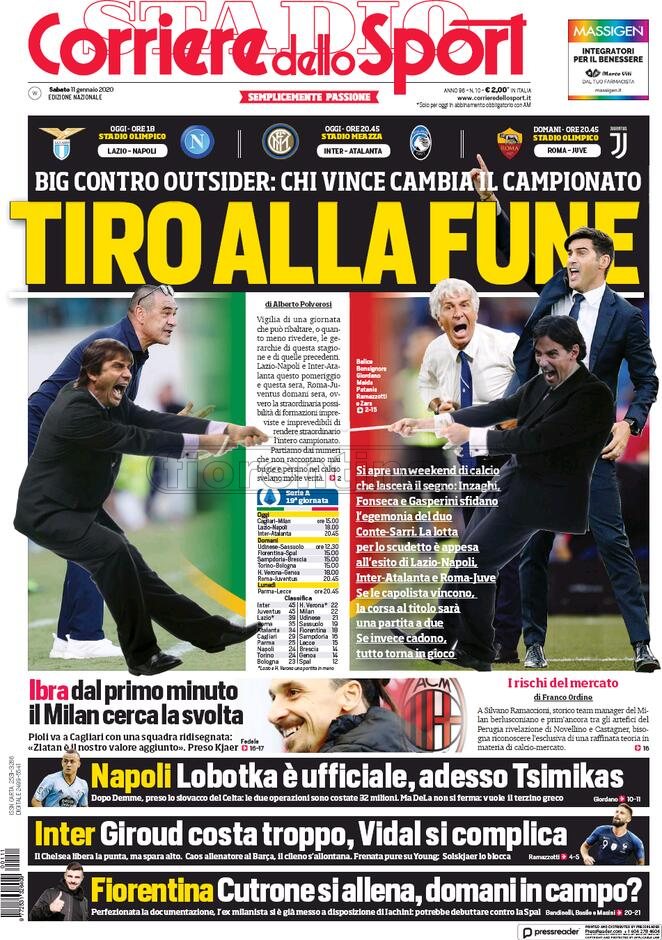 Quotidiani: la prima pagina di Qs, Stadio, Gazzetta, Corriere dello Sport, Tuttosport