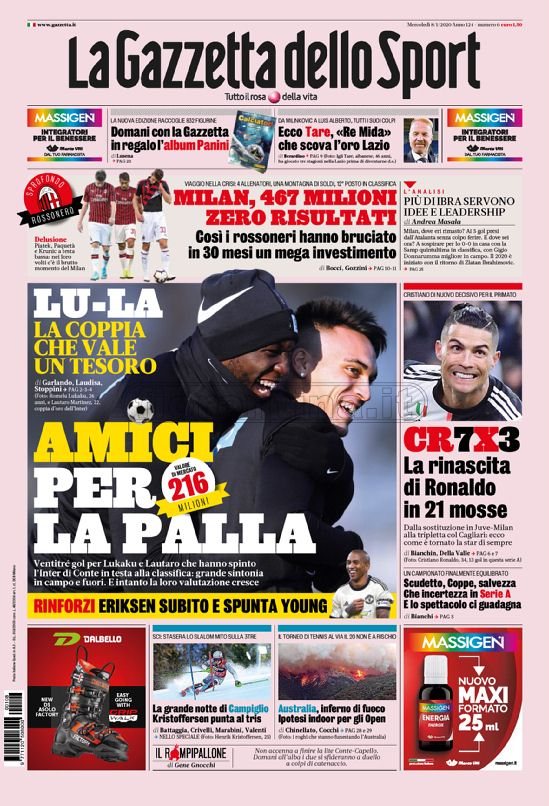 Quotidiani: la prima pagina di Qs, Stadio, Gazzetta, Corriere dello Sport, Tuttosport