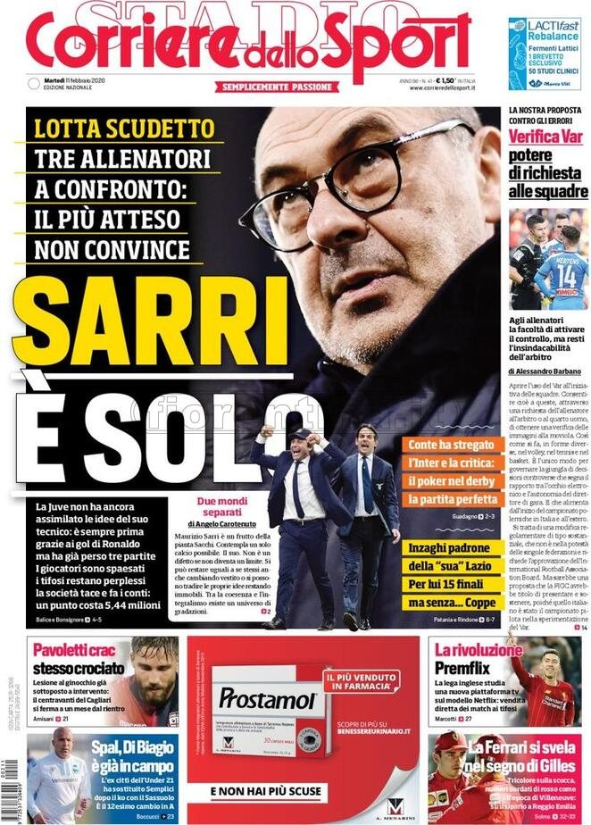 Quotidiani: la prima pagina di Qs, Stadio, Gazzetta, Corriere dello Sport, Tuttosport