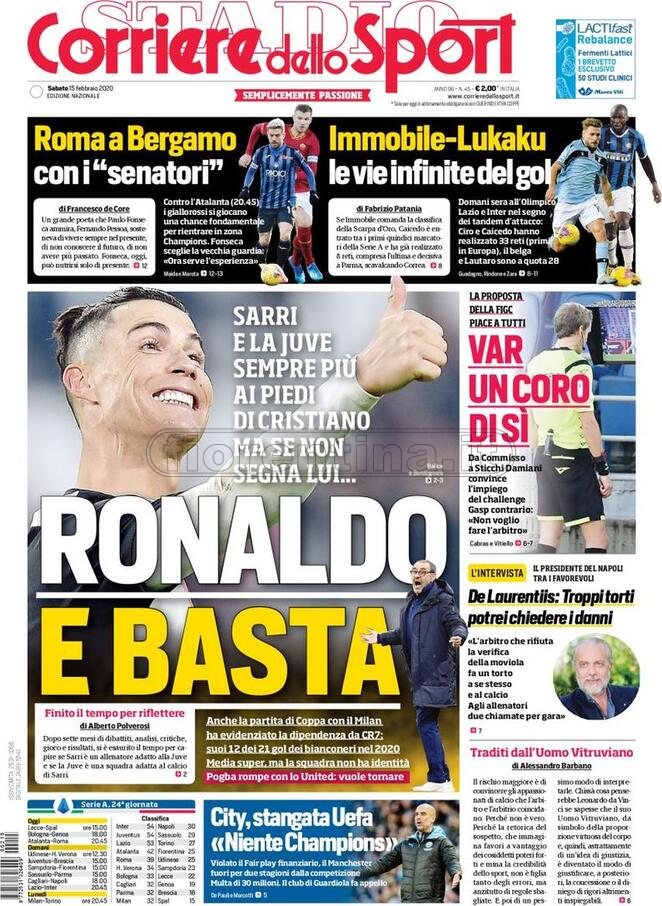 Quotidiani: la prima pagina di Qs, Stadio, Gazzetta, Corriere dello Sport, Tuttosport