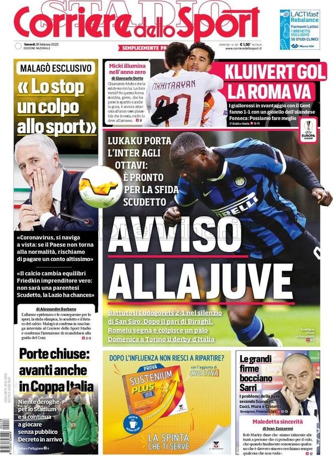 Quotidiani: la prima pagina di Qs, Stadio, Gazzetta, Corriere dello Sport, Tuttosport