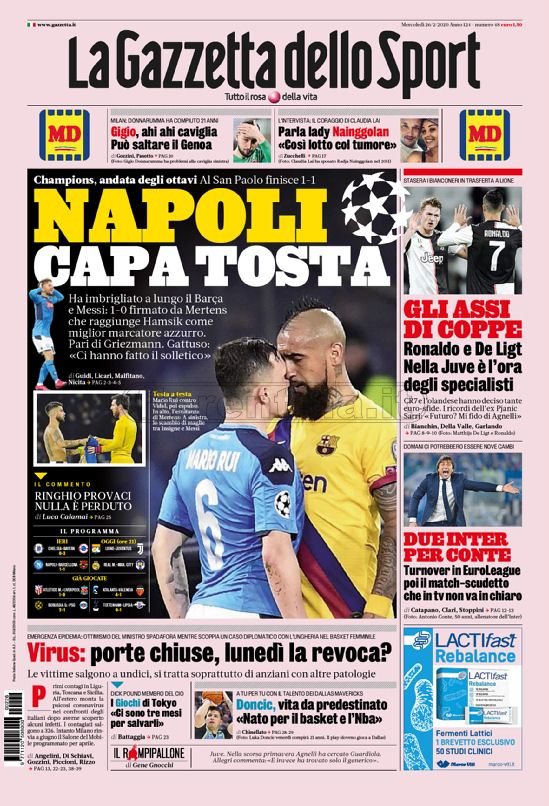 Quotidiani: la prima pagina di Qs, Stadio, Gazzetta, Corriere dello Sport, Tuttosport