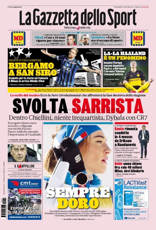 Quotidiani: la prima pagina di Qs, Stadio, Gazzetta, Corriere dello Sport, Tuttosport