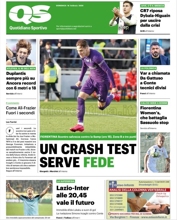 Quotidiani: la prima pagina di Qs, Stadio, Gazzetta, Corriere dello Sport, Tuttosport