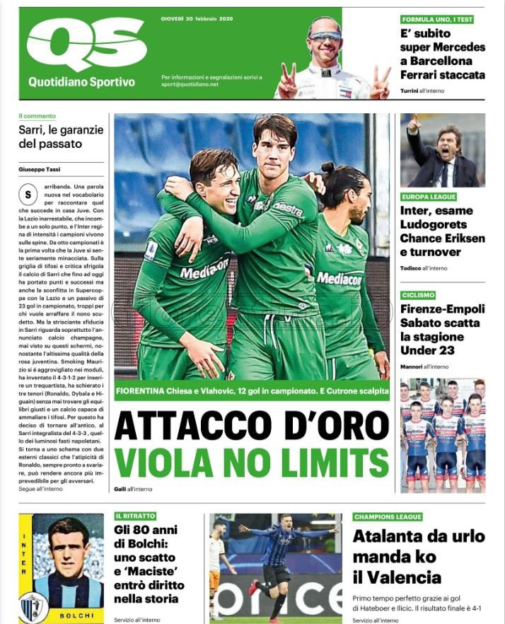 Quotidiani: la prima pagina di Qs, Stadio, Gazzetta, Corriere dello Sport, Tuttosport