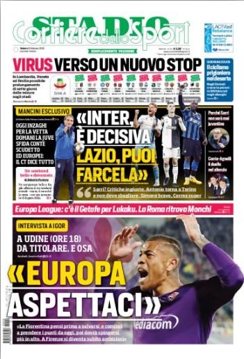 Quotidiani: la prima pagina di Qs, Stadio, Gazzetta, Corriere dello Sport, Tuttosport