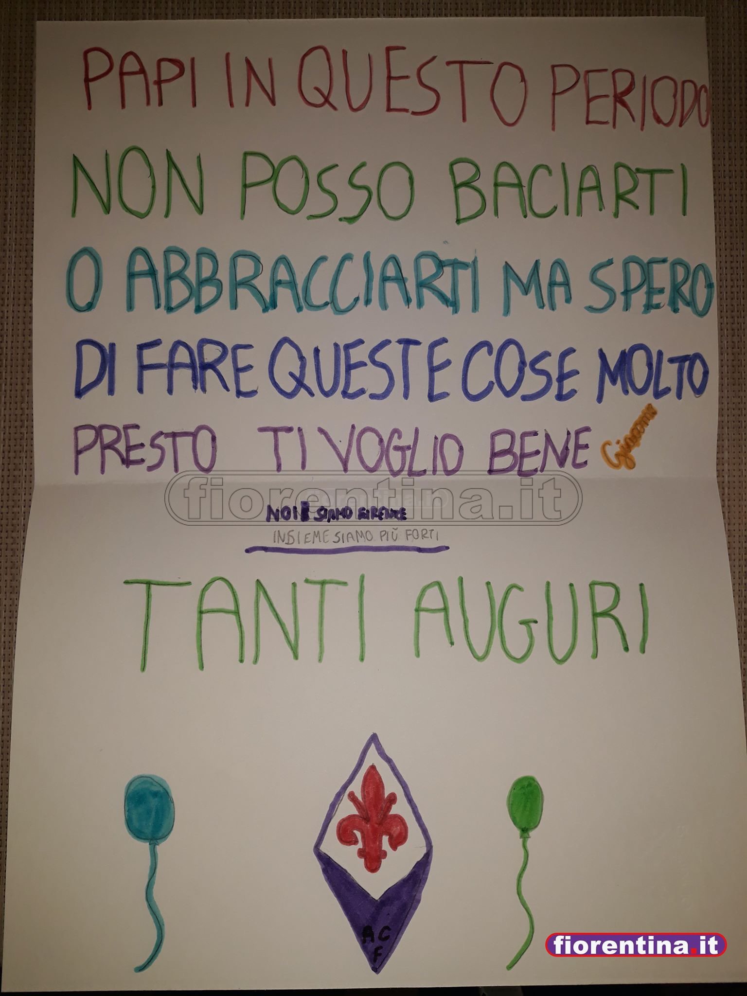 La lettera del piccolo tifoso viola al padre che lavora in ospedale (FOTO)