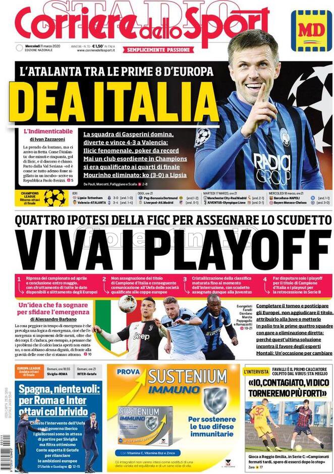 Quotidiani: la prima pagina di Qs, Stadio, Gazzetta, Corriere dello Sport, Tuttosport