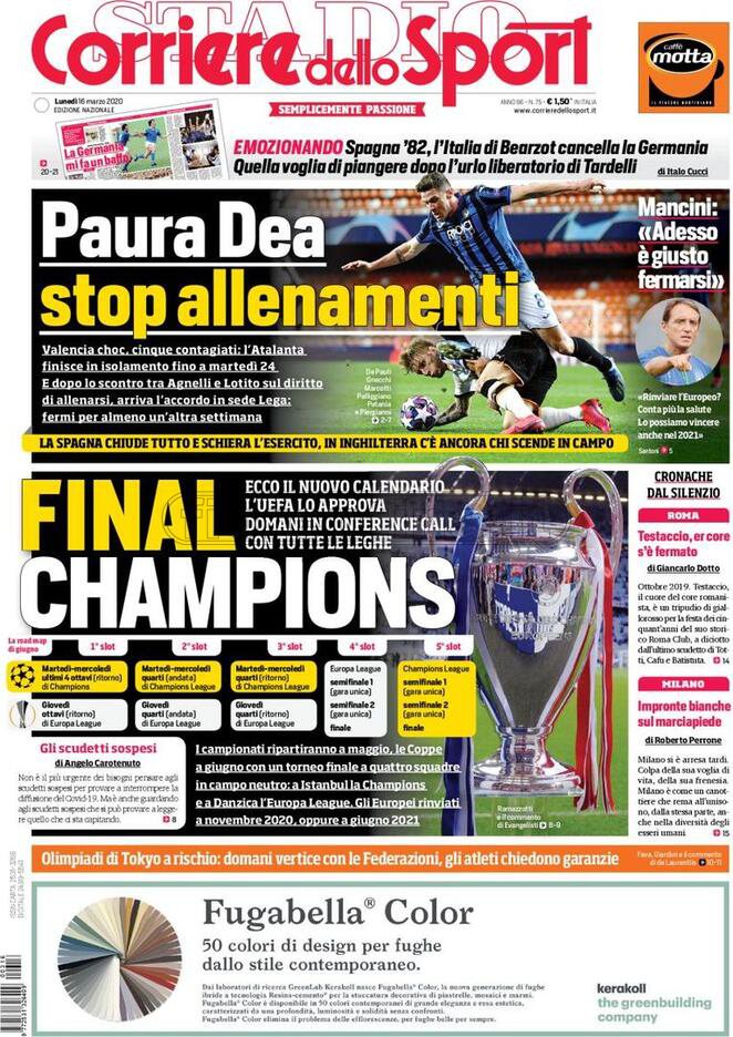 Quotidiani: la prima pagina di Qs, Stadio, Gazzetta, Corriere dello Sport, Tuttosport