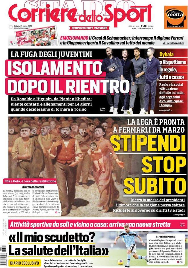 Quotidiani: la prima pagina di Qs, Stadio, Gazzetta, Corriere dello Sport, Tuttosport