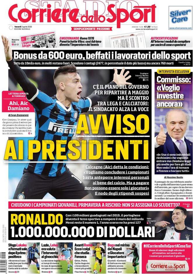Quotidiani: la prima pagina di Qs, Stadio, Gazzetta, Corriere dello Sport, Tuttosport