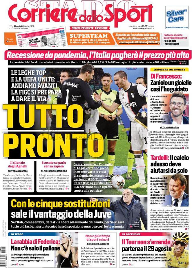 Quotidiani: la prima pagina di Qs, Stadio, Gazzetta, Corriere dello Sport, Tuttosport