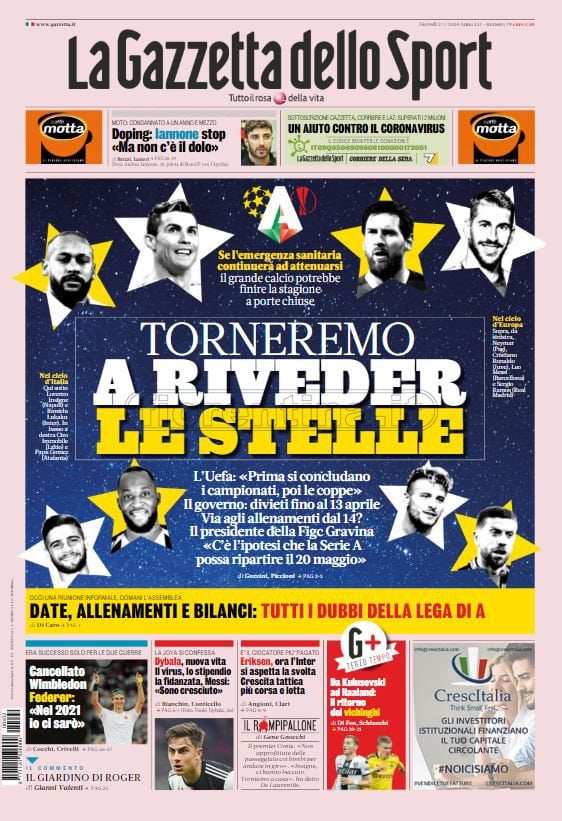 Quotidiani: le prime pagine di Gazzetta, Corriere dello Sport, Stadio e Tuttosport