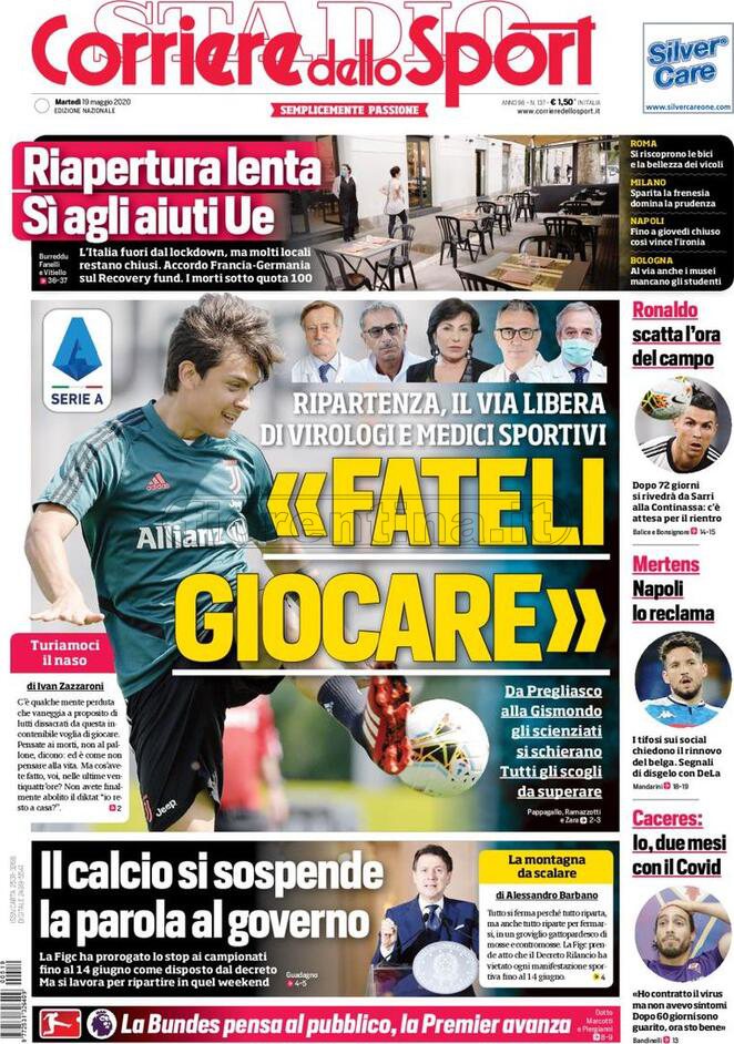 Quotidiani: la prima pagina di Qs, Stadio, Gazzetta, Corriere dello Sport, Tuttosport