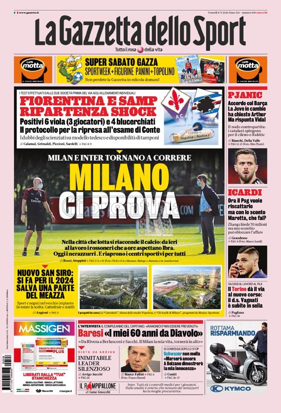 Quotidiani: la prima pagina di Qs, Stadio, Gazzetta, Corriere dello Sport, Tuttosport