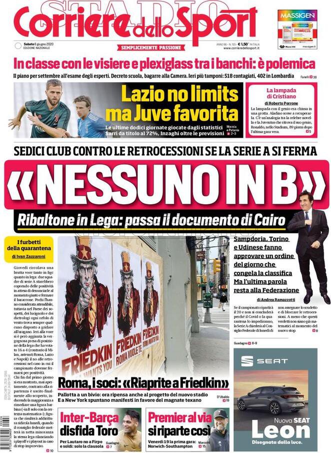 Quotidiani: la prima pagina di Qs, Stadio, Gazzetta, Corriere dello Sport, Tuttosport