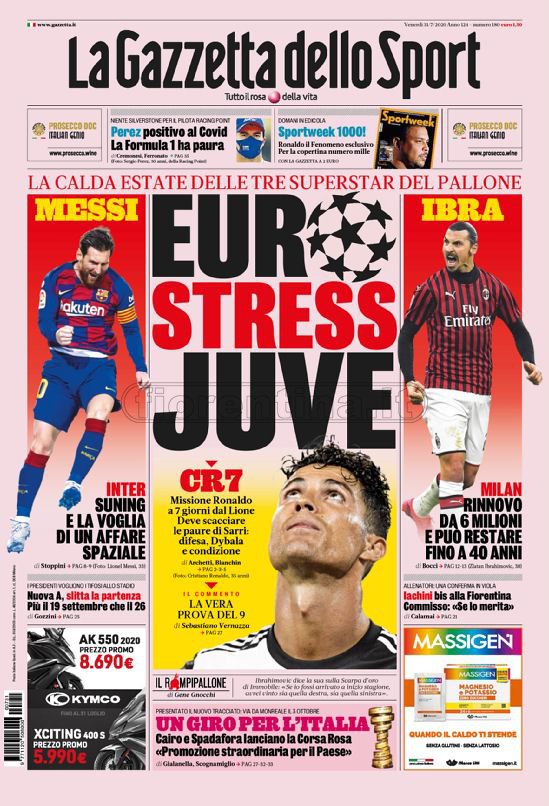 Quotidiani: la prima pagina di Qs, Stadio, Gazzetta, Corriere dello Sport, Tuttosport
