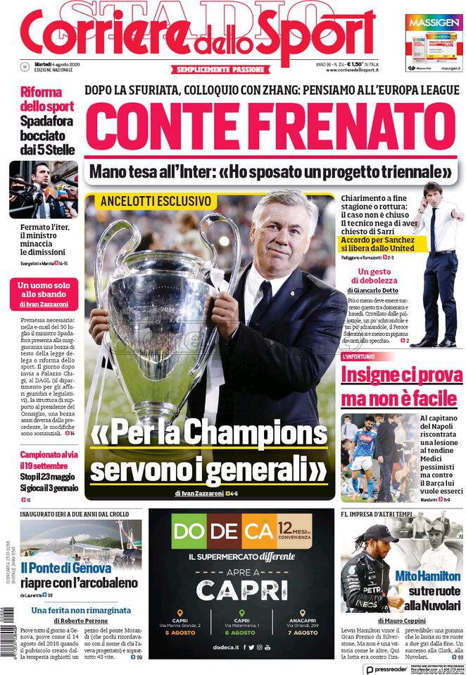 Quotidiani: la prima pagina di Qs, Stadio, Gazzetta, Corriere dello Sport, Tuttosport