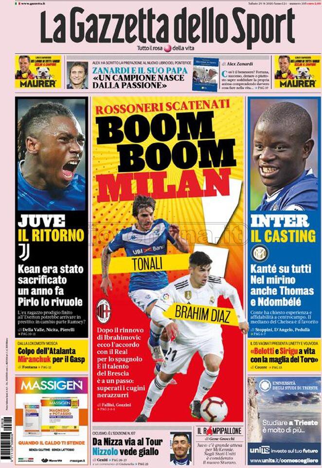 Quotidiani: la prima pagina di Qs, Stadio, Gazzetta, Corriere dello Sport, Tuttosport