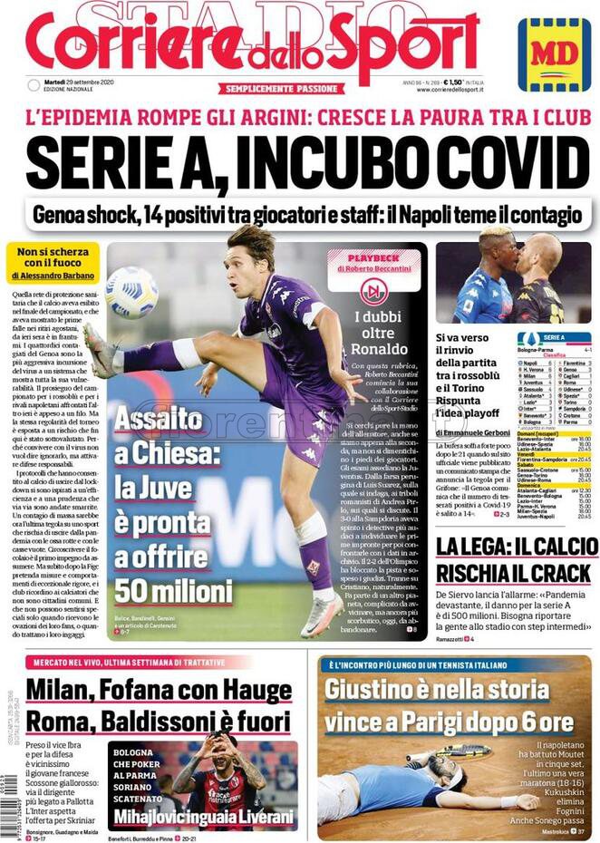 Quotidiani: la prima pagina di Qs, Stadio, Gazzetta, Corriere dello Sport, Tuttosport