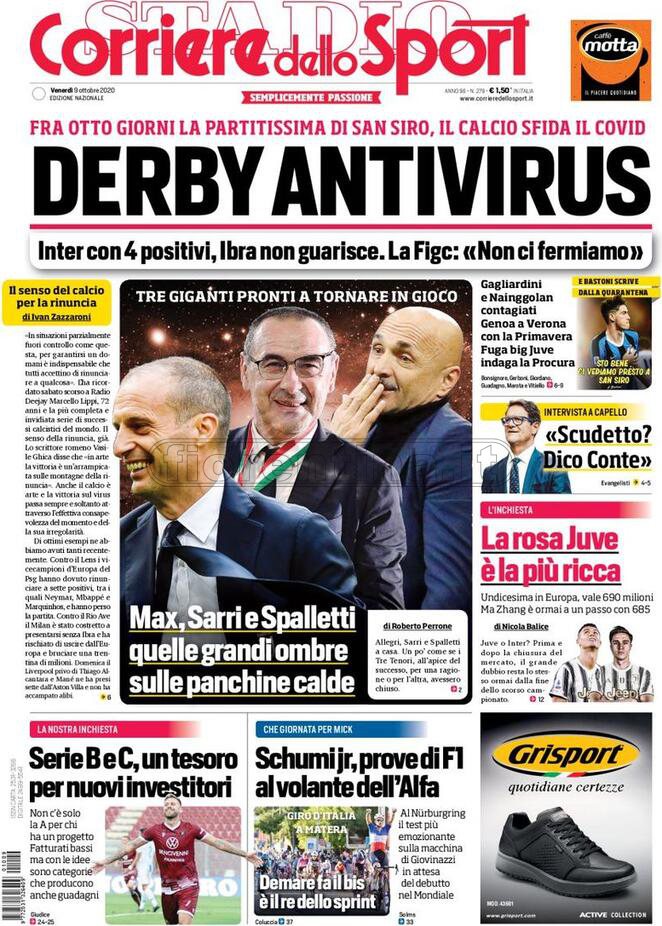 Quotidiani: la prima pagina di Qs, Stadio, Gazzetta, Corriere dello Sport, Tuttosport