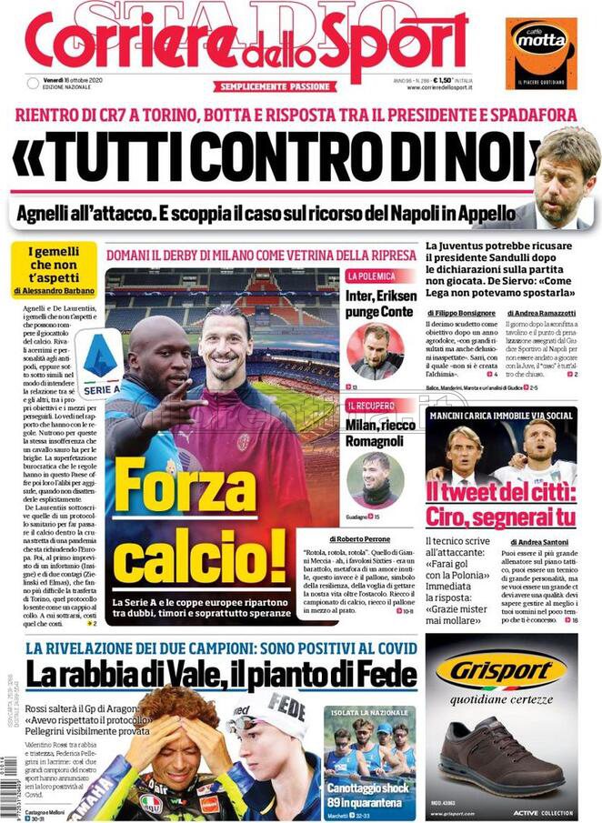Quotidiani: la prima pagina di Qs, Stadio, Gazzetta, Corriere dello Sport, Tuttosport