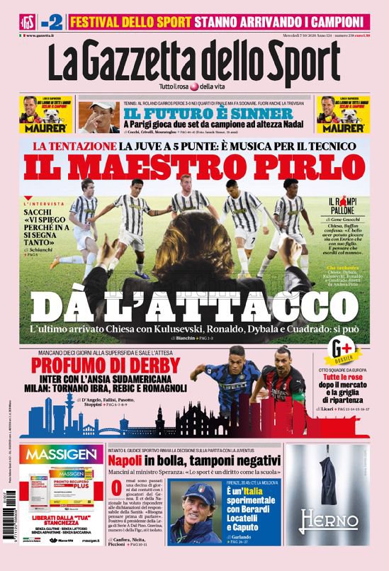 Quotidiani: la prima pagina di Qs, Stadio, Gazzetta, Corriere dello Sport, Tuttosport