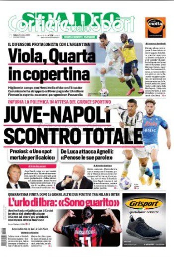 Quotidiani: la prima pagina di Stadio, Gazzetta, Corriere dello Sport, Tuttosport