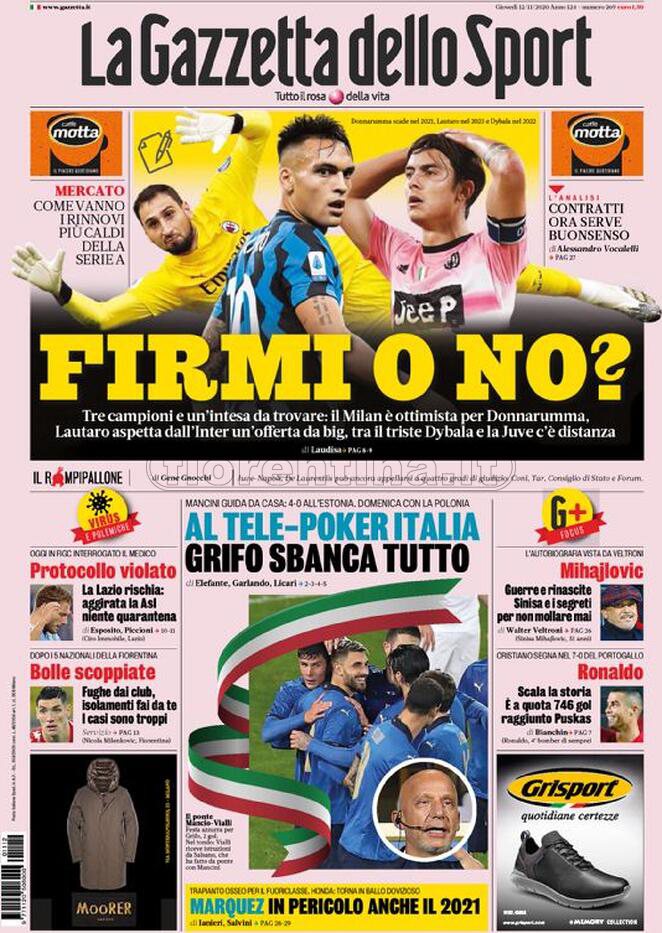 Quotidiani: la prima pagina di Qs, Stadio, Gazzetta, Corriere dello Sport, Tuttosport