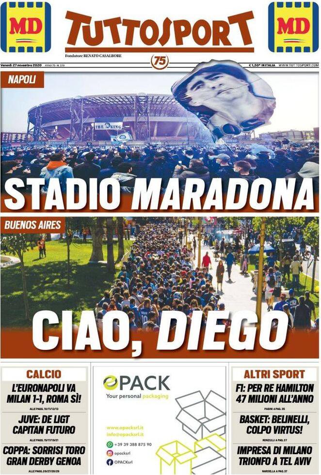 Quotidiani: la prima pagina di Qs, Stadio, Gazzetta, Corriere dello Sport, Tuttosport