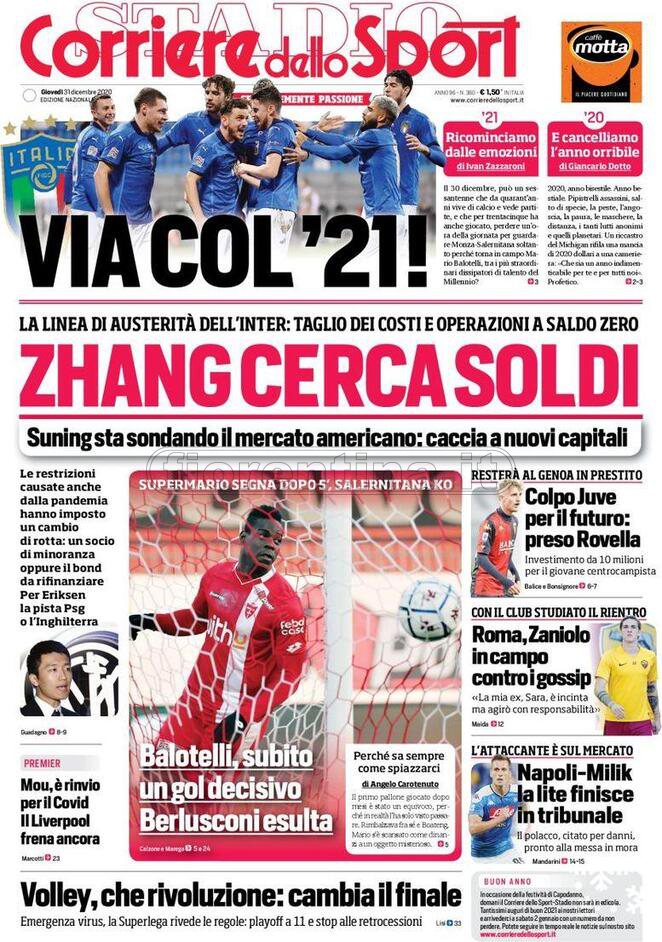 Quotidiani: la prima pagina di Qs, Stadio, Gazzetta, Corriere dello Sport, Tuttosport