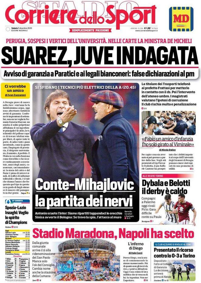 Quotidiani: la prima pagina di Qs, Stadio, Gazzetta, Corriere dello Sport, Tuttosport