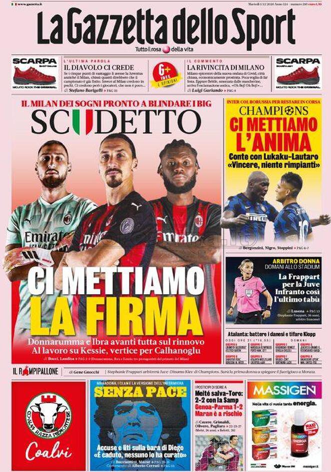 Quotidiani: la prima pagina di Qs, Stadio, Gazzetta, Corriere dello Sport, Tuttosport