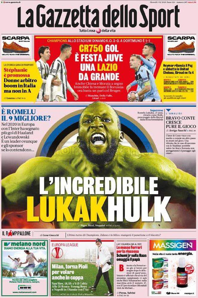 Quotidiani: la prima pagina di Qs, Stadio, Gazzetta, Corriere dello Sport, Tuttosport