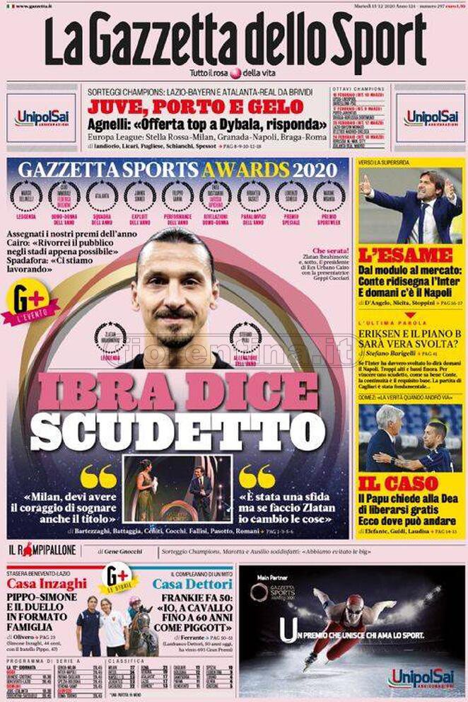 Quotidiani: la prima pagina di Qs, Stadio, Gazzetta, Corriere dello Sport, Tuttosport