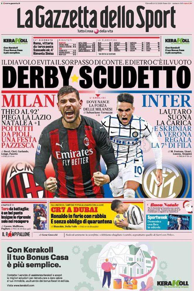 Quotidiani: la prima pagina di Qs, Stadio, Gazzetta, Corriere dello Sport, Tuttosport