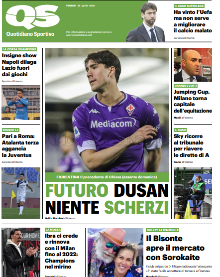 Quotidiani: la prima pagina di Qs, Stadio, Gazzetta, Corriere dello Sport, Tuttosport