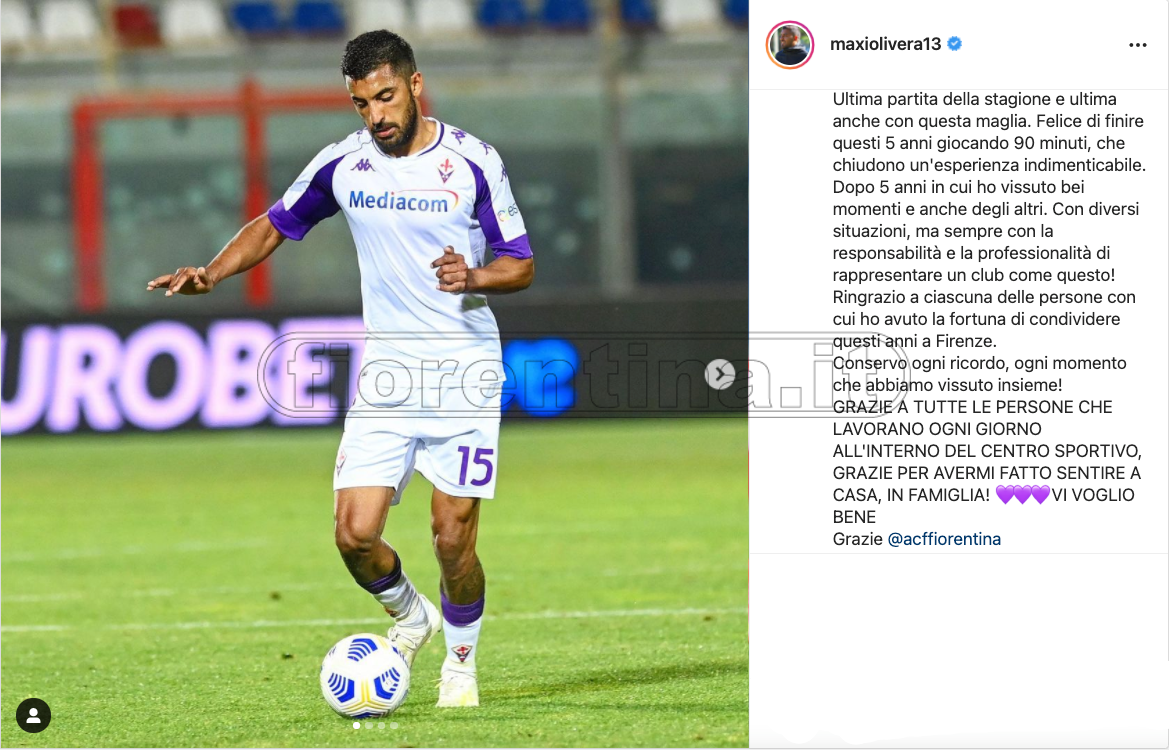 Maxi Olivera, addio a Firenze: "Ho giocato l'ultima partita con questa maglia"