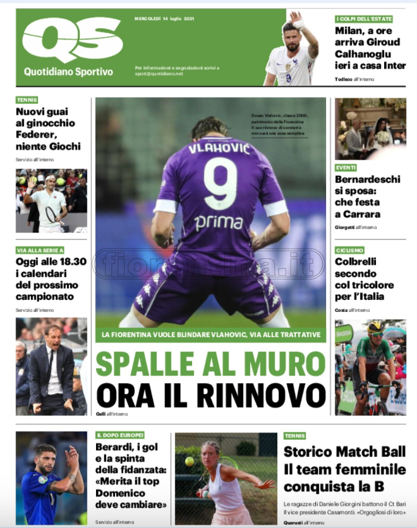 Quotidiani: la prima pagina di Qs, Stadio, Gazzetta, Corriere dello Sport, Tuttosport