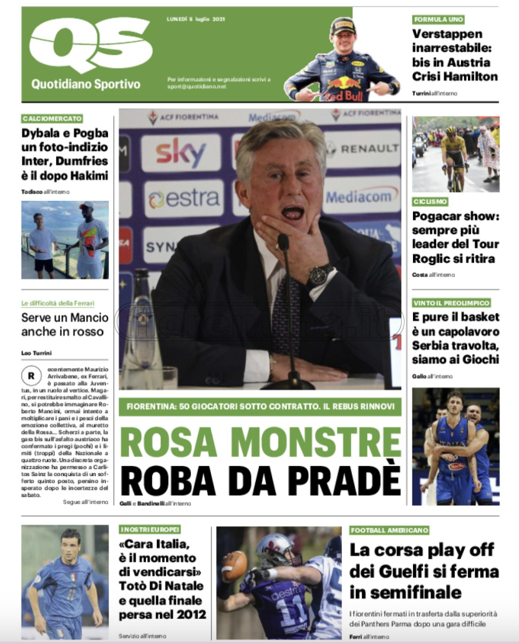 Quotidiani: la prima pagina di Qs, Stadio, Gazzetta, Corriere dello Sport, Tuttosport