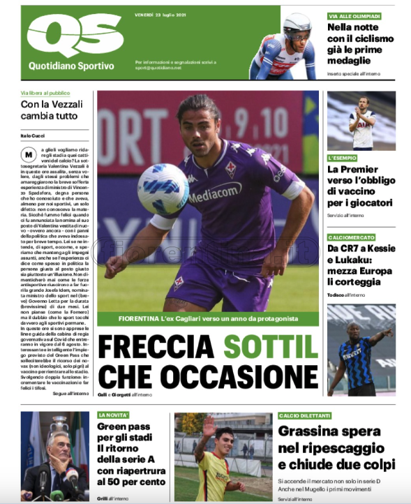 Quotidiani: la prima pagina di Qs, Stadio, Gazzetta, Corriere dello Sport, Tuttosport