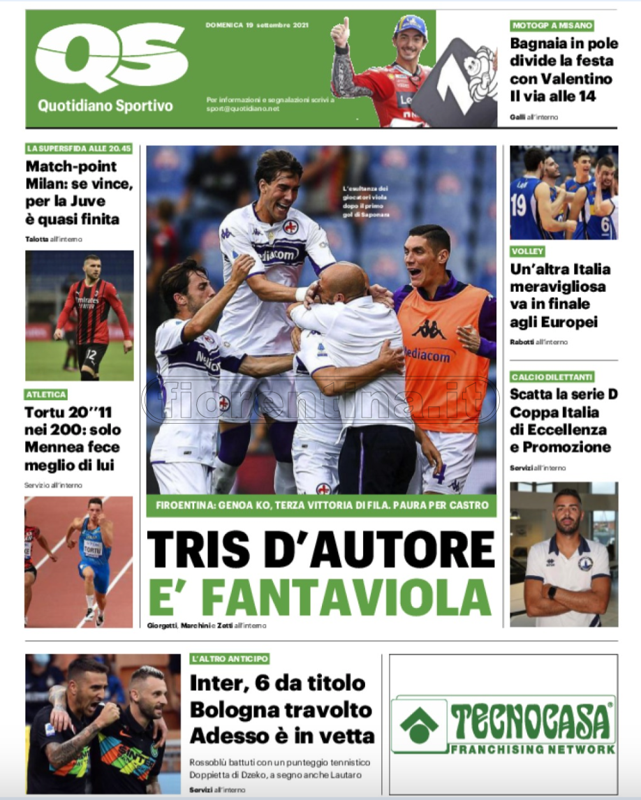 Quotidiani: la prima pagina di Qs, Stadio, Gazzetta, Corriere dello Sport, Tuttosport