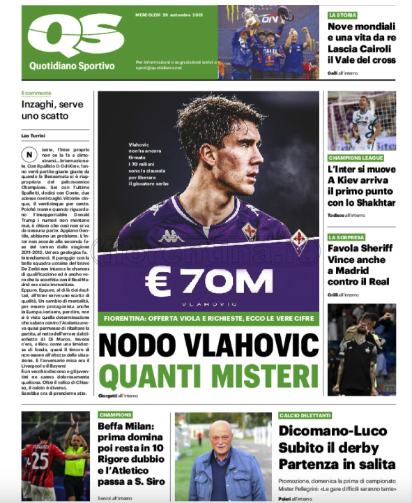 Quotidiani: la prima pagina di Qs, Stadio, Gazzetta, Corriere dello Sport, Tuttosport