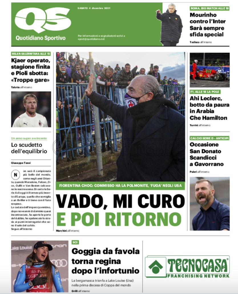 Quotidiani: la prima pagina di Qs, Stadio, Gazzetta, Corriere dello Sport, Tuttosport