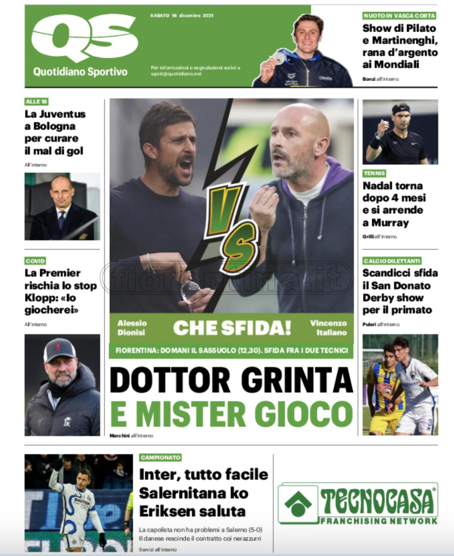 Quotidiani: la prima pagina di Qs, Stadio, Gazzetta, Corriere dello Sport, Tuttosport