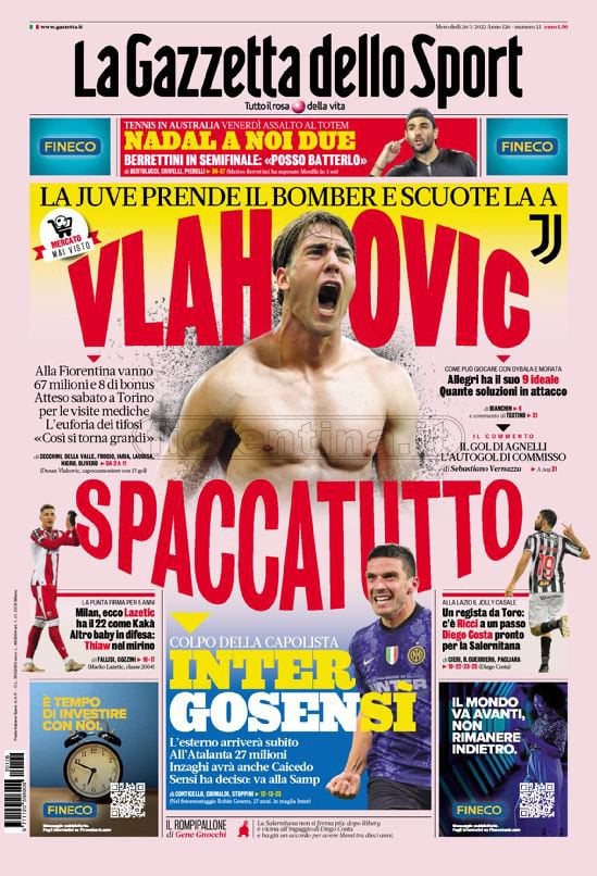 Quotidiani: le prime pagine di Qs, Gazzetta, CorSport, Stadio e Tuttosport
