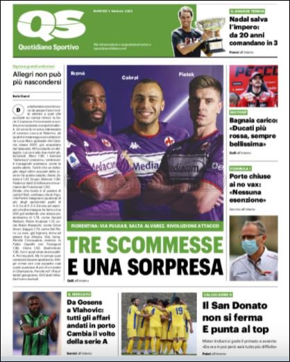 Quotidiani: le prime pagine di Qs, Gazzetta, CorSport, Stadio e Tuttosport