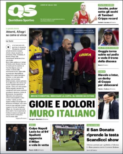Quotidiani: le prime pagine di Qs, Gazzetta, CorSport, Stadio e Tuttosport