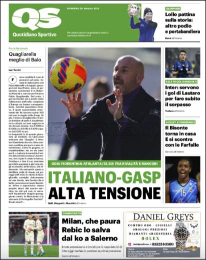 Quotidiani: le prime pagine di Qs, Gazzetta, CorSport, Stadio e Tuttosport